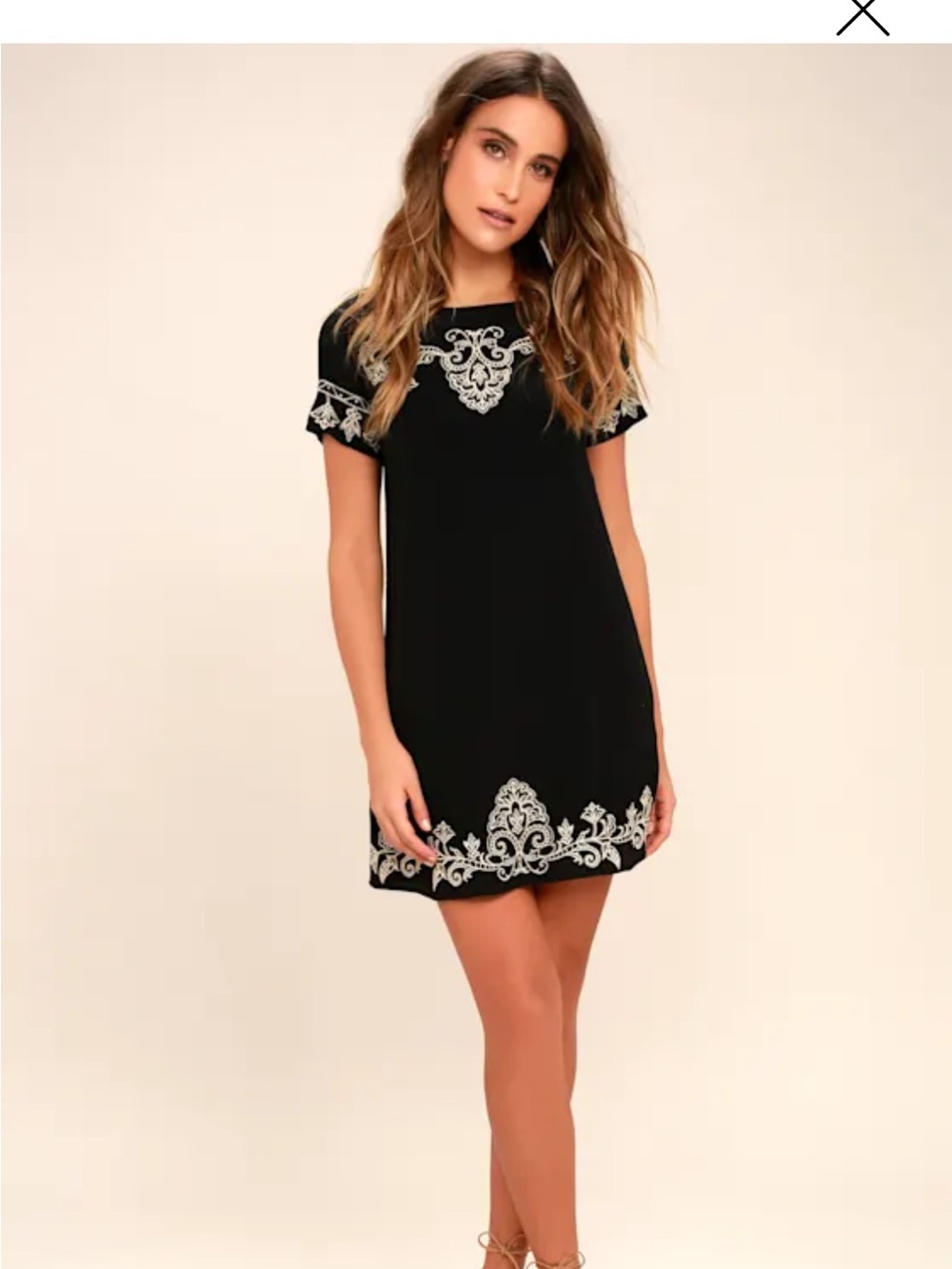 Lulu's Tale to Tell Beige and Black Embroidered Shift Dress